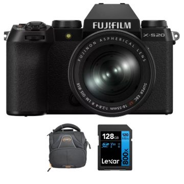 Perspective view of Fujifilm X-S20 Digital Camera with 18-55mm Lens along with Bag and Memory card