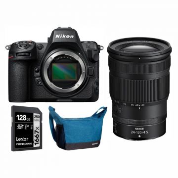 Nikon Z8 Mirrorless Camera Body, Nikkor 24-120mm Lens, memory card and Bag from the front