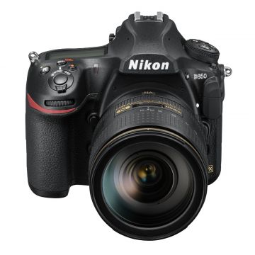Nikon D850 DSLR Camera with 24-120mm Lens ,Top View of NIKON D850 + AF-S NIKKOR 24-120MM with Mode Dial, Inbuilt Flash, hot shoe, Shutter Trigger and Secondary LCD Display,Tilting touchscreen on NIKON D850