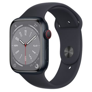 Perspective view of Apple Watch Series 8 Midnight Aluminum Case with Midnight Sport Band (45mm)