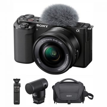 Sony ZV-E10 Camera with 16-50 mm Lens + Shooting Grip with Wireless Remote Commander + Sony NP-FZ100 Camera Battery Charger + Sony Vlogger Shotgun Microphone + Sony LCSU21 Soft Carrying Case