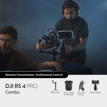 DJI RS 4 Pro gimbal stabilizer with a professional camera attached.
