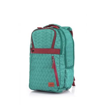 Front view of American Tourister STRATA 2 backpack in Teal, featuring padded shoulder straps, multiple compartments, and side pockets.