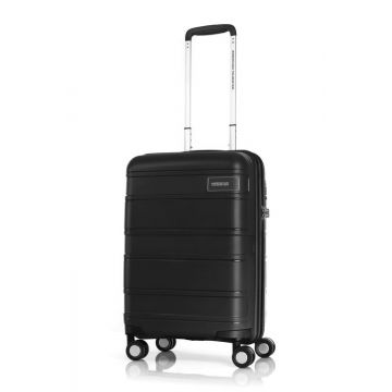 Front view of luggage spinner with retractable handle and four wheels.