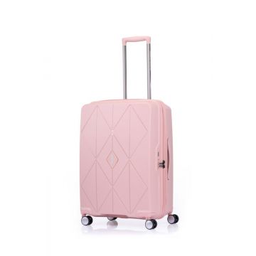 Front view of pink luggage spinner with retractable handle and four wheels.