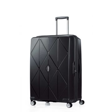 Front view of black luggage spinner with retractable handle and four wheels.