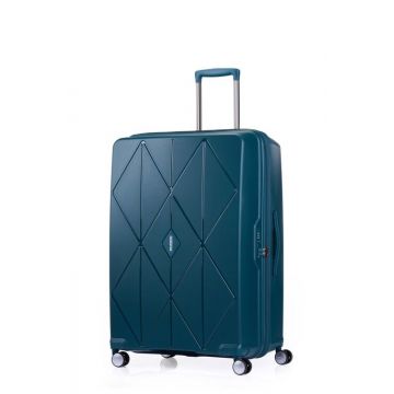 Front view of Teal luggage spinner with retractable handle and four wheels.