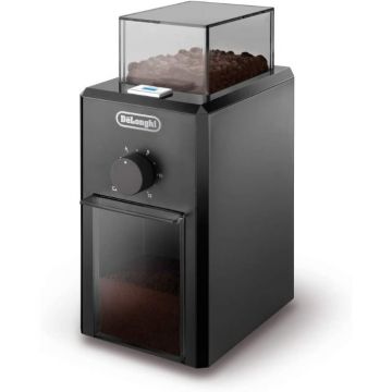 Perspective view of De'Longhi Electric 12 Cup Coffee Grinder with Precise grinding and 12 cup capacity. 