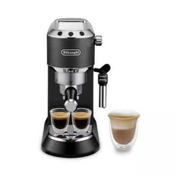 De'Longhi Dedica Pump Espresso Coffee Machine in Black with Manual frother for customized foam shown from the front.