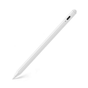 Close-up of Adonit White Series Stylus on a phone screen, tilted for writing.