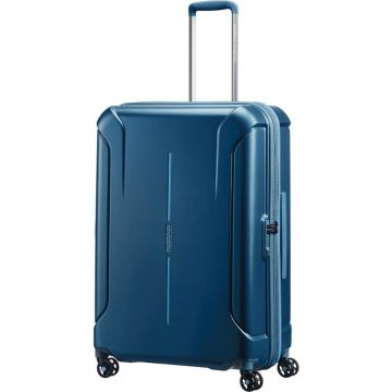 Front view of black luggage spinner with retractable handle and four wheels.