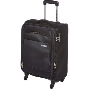 A Picture of American Tourister OAKLAND Spinner 55cm in Black colour with its retractable dual telescopic tube pull handle
