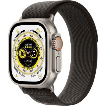 Perspective view of Apple Watch Ultra GPS + Cellular, 49mm Titanium Case with Black/Gray Trail Loop - S/M
