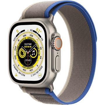 Perspective view of Apple Watch Ultra (GPS + Cellular, 49mm) - Titanium Case with Blue/Gray Trail Loop - M/L