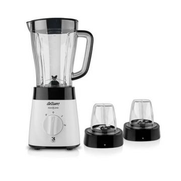 Perspective view of Arzum AR1057 Maxiblend Liquidiser Blender in White with accessories
