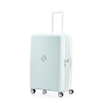 Perspective view of luggage spinner with retractable handle and four wheels.