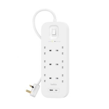 Belkin 4-Outlet Surge Protector with USB ports on a white background.
