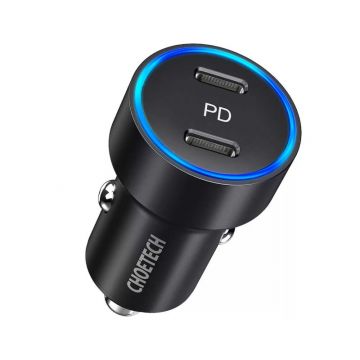 Perspective image of CHOETECH 40W Dual PD Port USB Type C Fast Car Charger with two USB Type-C ports for fast charging of devices in a car.