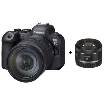 Perspective view of Canon EOS R6 Mark II with RF 24-105mm and RF 50mm Lens