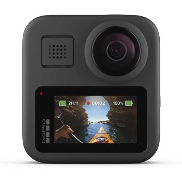 The front of the GoPro MAX 360 Action Camera, showing the two fisheye lenses and the GoPro logo in the center.
