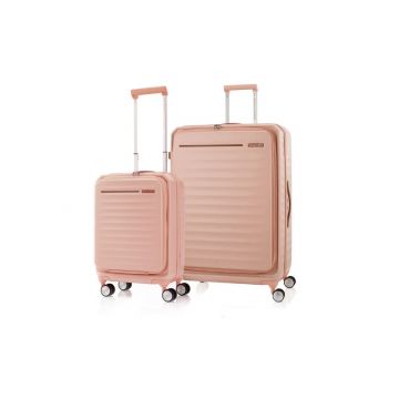 Apricot American Tourister Frontec 2PC luggage set standing upright.
