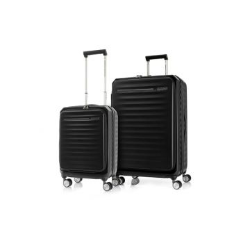 Black American Tourister Frontec 2PC luggage set standing upright.
