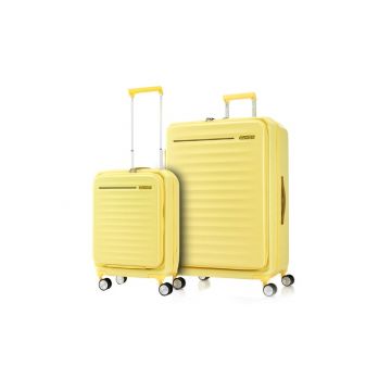 Lemonade American Tourister Frontec 2PC luggage set standing upright.
