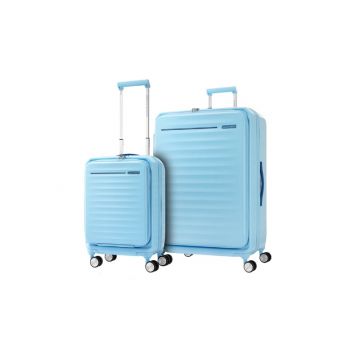 Lilac American Tourister Frontec 2PC luggage set standing upright.
