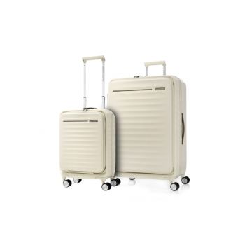 Strawberry American Tourister Frontec 2PC luggage set standing upright.
