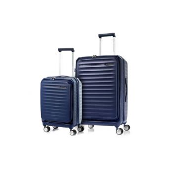 Navy American Tourister Frontec 2PC luggage set standing upright.

