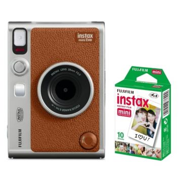 Perspective image of Fujifilm Instax Mini Evo Camera With 10 sheets Film Pack in Brown Colour