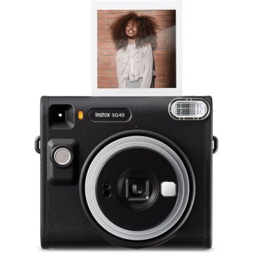 Front View: INSTAX SQUARE SQ40 Camera with Instant Photo Popping Out