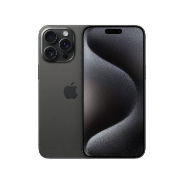 Perspective view of Apple iPhone 15 Pro in Black Titanium colour.
