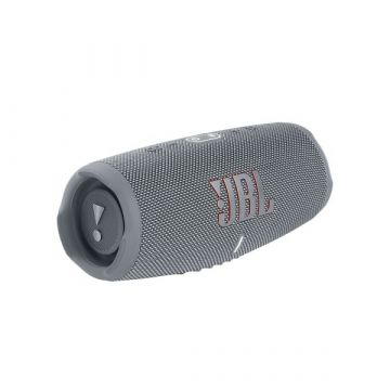 Perspective view of JBL Charge 5 Portable Bluetooth Speaker in Grey.