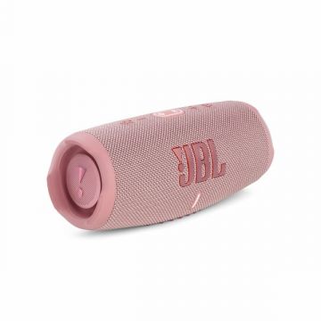 Perspective view of JBL Charge 5 Portable Bluetooth Speaker in Pink.