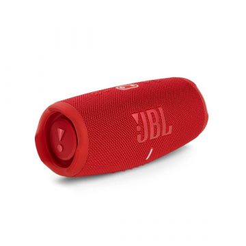 Perspective view of JBL Charge 5 Portable Bluetooth Speaker in Red.