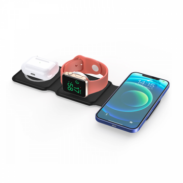 Perspective view of WIWU M6 POWER AIR 15W 3 in 1 Wireless Charger in Black with airpods, apple watch and iPhone mounted upon it.