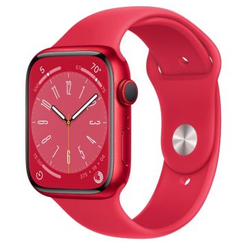 Perspective view of Apple Watch Series 8 RED Aluminum Case with Starlight Sport Band (45mm)