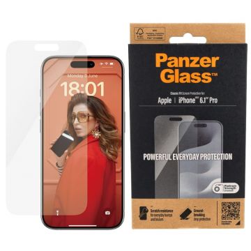 Perspective view of PanzerGlass Classic Fit Screen Protector for iPhone 15 Pro