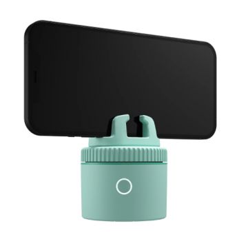 A Picture of PIVO Pod Lite Auto Face Tracking Smart Phone Mount in Green Colour with iphone mounted on it