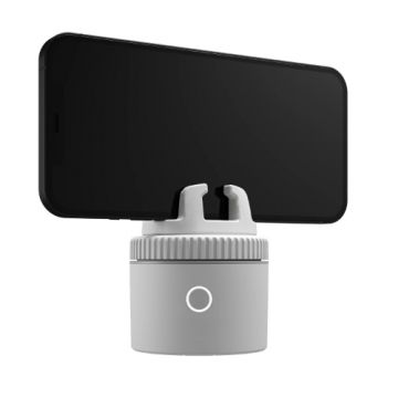 A Picture of PIVO Pod Lite Auto Face Tracking Smart Phone Mount in White Colour with iphone mounted on it