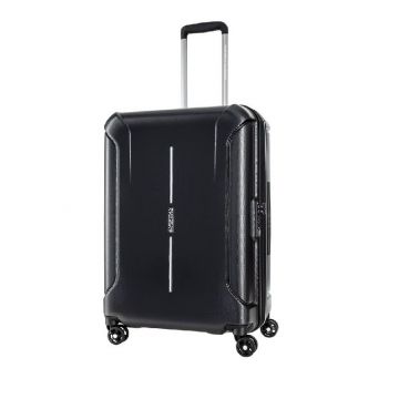 Front view of brown leather luggage spinner with LOGO and double top handles.