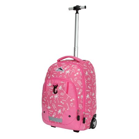 Side Picture of High Sierra ZESTAR Wheeled Backpack with retracted telescopic handle in Tropical Vacation colour
