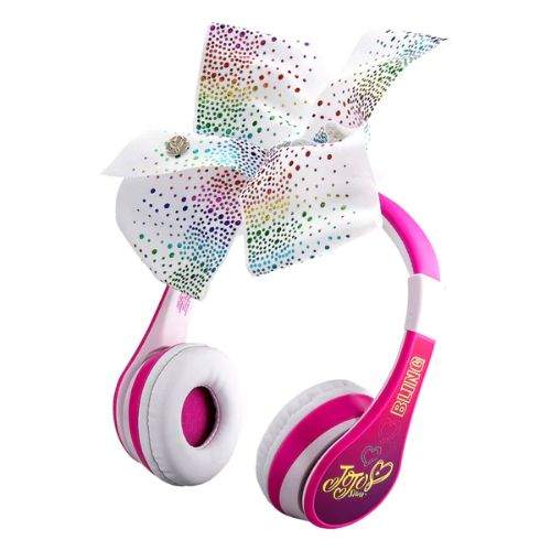 A Picture of KIDdesigns JOJO SIWA Youth Wireless Headphones in White and Pink Colour with bow and jojo siwa printed on the ears