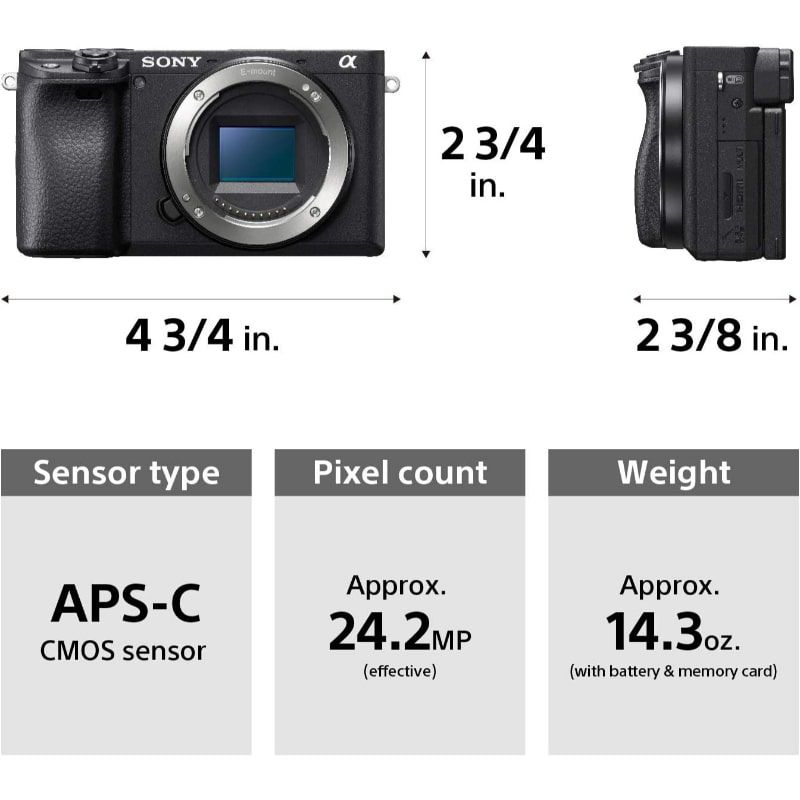 specifications of Sony A6400 Mirrorless Camera with 16-50mm F/3.5-5.6 Lens front view