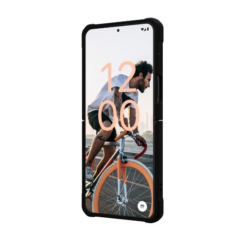 A Front Picture of UAG Civilian Samsung Galaxy Z Flip4 CASE in Black Colour turned towards the left side with wallpaper of cyclist on it