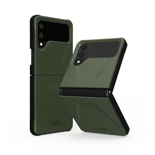 UAG Civilian Samsung Galaxy Z Flip4 CASE in Olive colour partially folded and unfolded