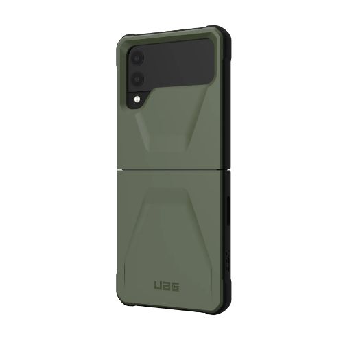 A Back Picture of UAG Civilian Samsung Galaxy Z Flip4 CASE in Olive Colour turned towards the left side